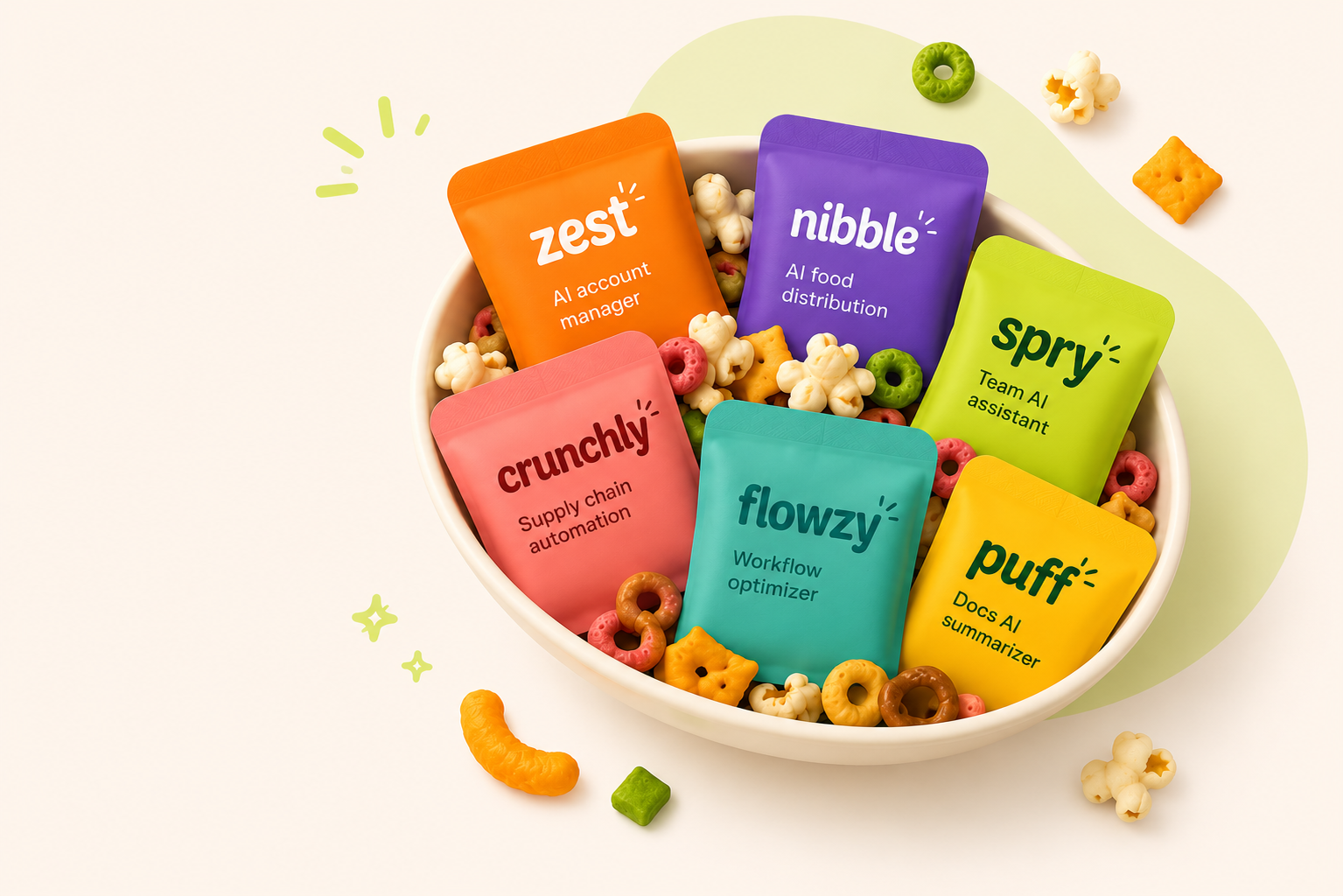 A bowl filled with Snackbowl mini-app packages: zest, nibble, spry, crunchly, flowzy, and puff.
